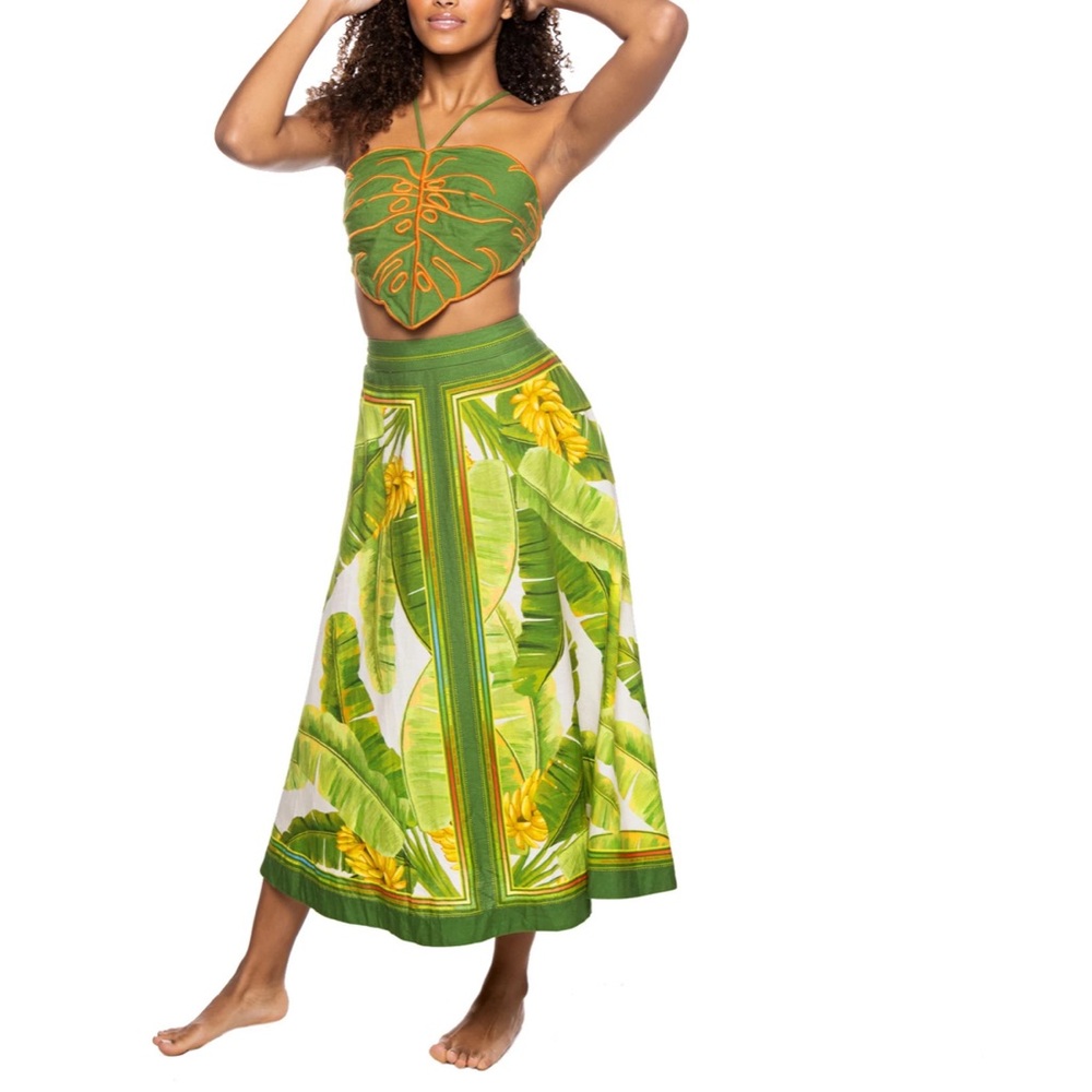 FARM Rio Green and Yellow Midi Skirt